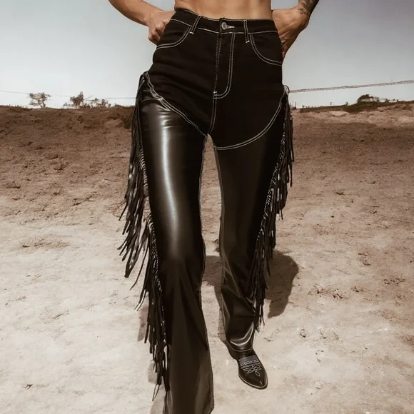 Western cowgirl chaps jeans, fringe denim, festival fringe pants - Picture 6 of 10